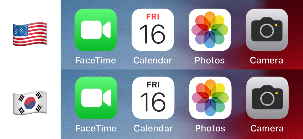 Two screenshots of an iPhone homescreen showing the Calendar app. In the United States region, the day of the week is shown in red, while in South Korea the day of the week is shown in black.