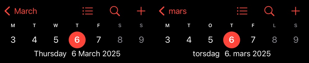 Two screenshots side by side, showing the Calendar app in English and Norwegian for the month of March. In Norwegian, the month "March" and the day "Thursday" are both uncapitalized.
