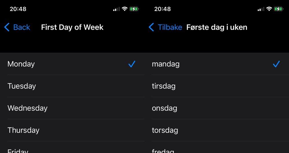 Two screenshots side by side, showing the Settings app in English and Norwegian with a list of days. In Norwegian, the days names are all uncapitalized.