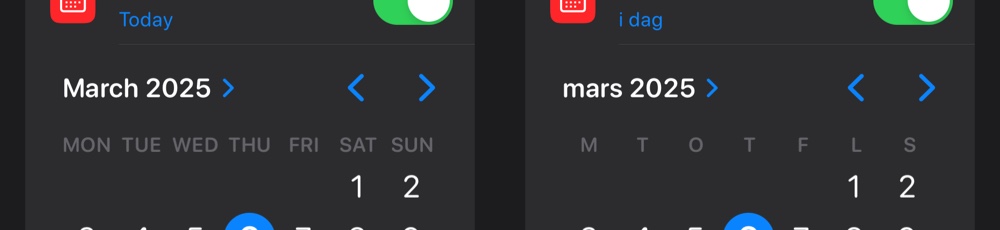 Two screenshots side by side, showing the Reminders app in English and Norwegian with a date picker. In Norwegian, the month is not capitalized.