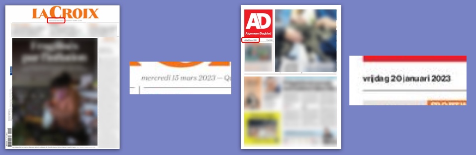 Screenshots of the front page of two newspapers from France and the Netherlands, with the day name uncapitalized.