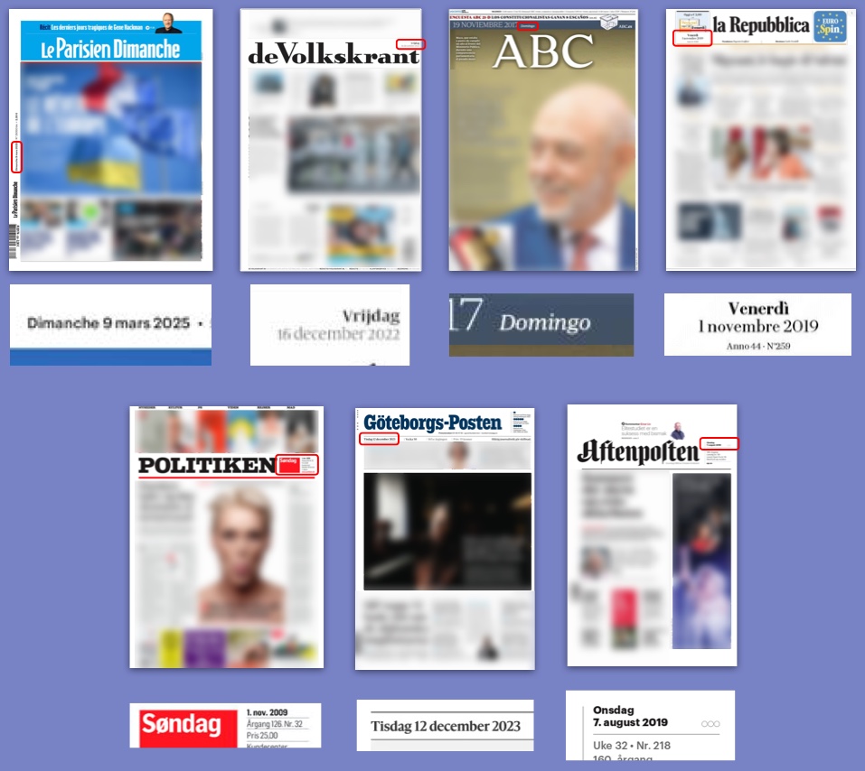 Screenshots of the front page of Seven newspapers from France,the Netherlands, Spain, Italy, Denmark, Sweden, and Norway, with snippets showing the day name capitalized.