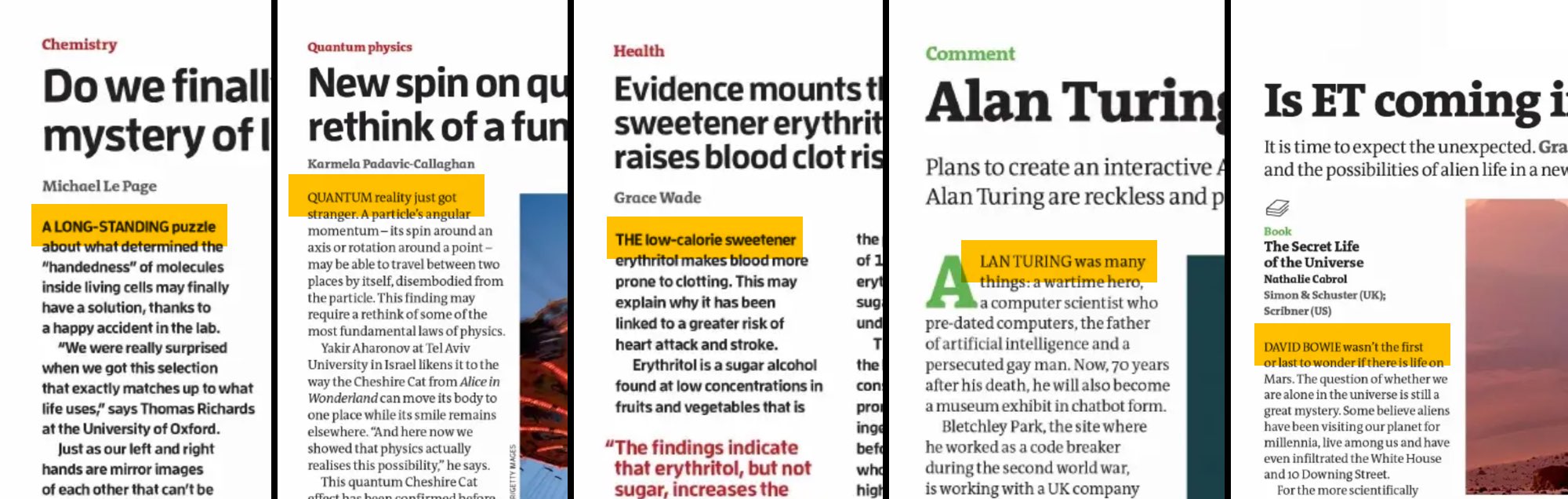 Excerpts of the New Scientist, showing opening paragraphs with uppercase words.